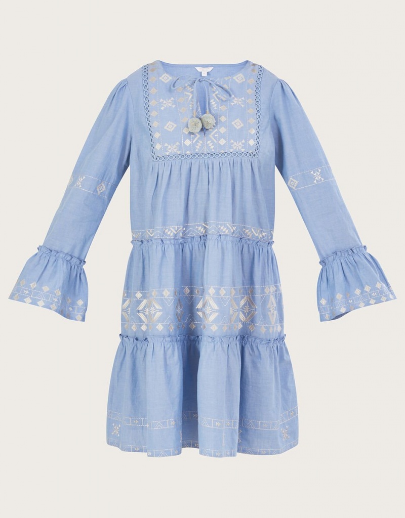 Blue Women's Monsoon Embroidered Tiered Dress | DVC-0781