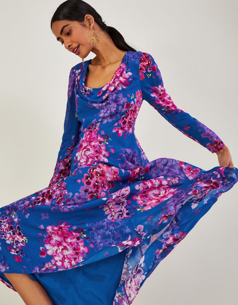 Blue Women's Monsoon Evanah Floral Hanky Hem in Sustainable Viscose Dress | TWQ-1042