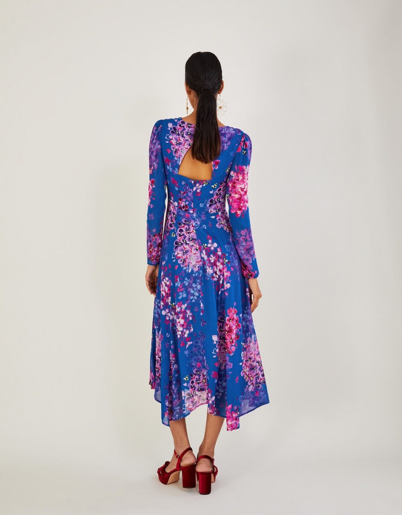 Blue Women's Monsoon Evanah Floral Hanky Hem in Sustainable Viscose Dress | TWQ-1042