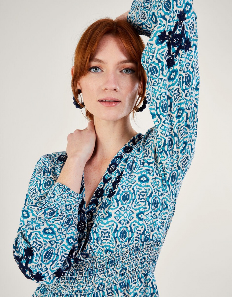 Blue Women's Monsoon Faye Geometric Print Embroidered in LENZING™ ECOVERO™ Dress | MFA-6441