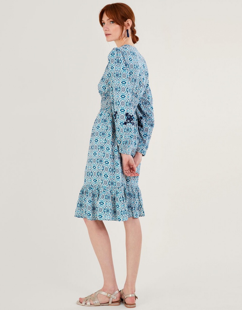 Blue Women's Monsoon Faye Geometric Print Embroidered in LENZING™ ECOVERO™ Dress | MFA-6441