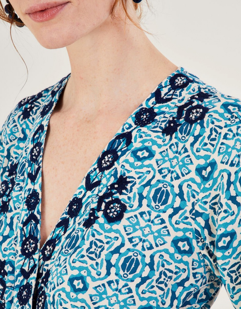 Blue Women's Monsoon Faye Geometric Print Embroidered in LENZING™ ECOVERO™ Dress | MFA-6441