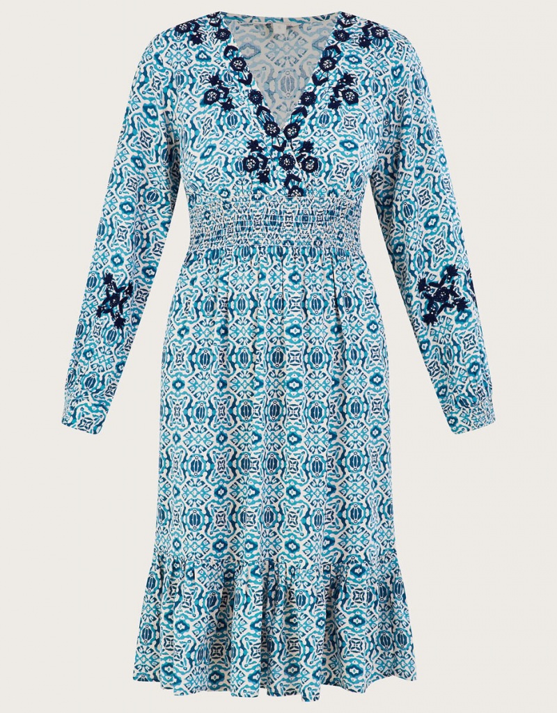 Blue Women's Monsoon Faye Geometric Print Embroidered in LENZING™ ECOVERO™ Dress | MFA-6441