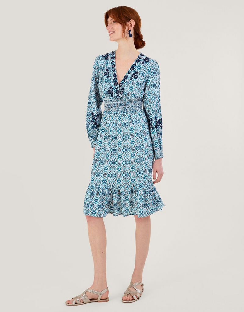 Blue Women\'s Monsoon Faye Geometric Print Embroidered in LENZING™ ECOVERO™ Dress | MFA-6441