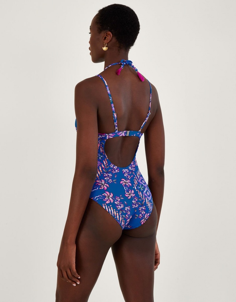 Blue Women's Monsoon Floral Print Strap Multi Strap Swimsuit with Recycled Polyester Swimwear | HPO-6931