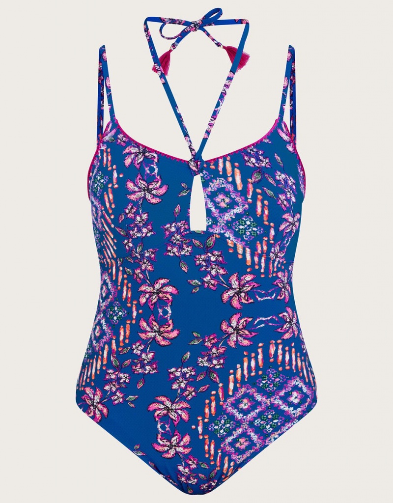 Blue Women's Monsoon Floral Print Strap Multi Strap Swimsuit with Recycled Polyester Swimwear | HPO-6931