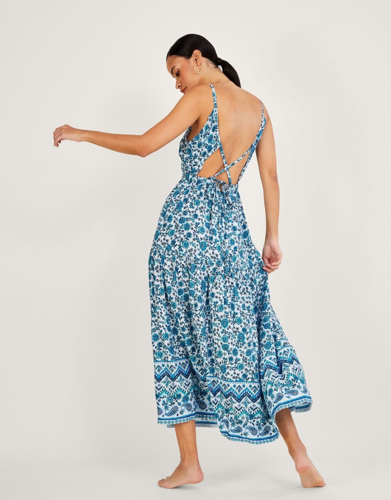 Blue Women's Monsoon Floral Print Strappy Maxi with LENZING™ ECOVERO™ Dress | CVS-2936