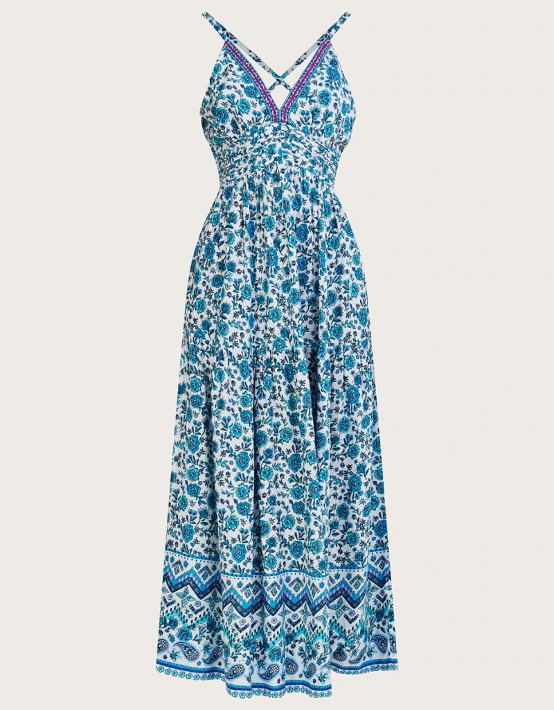 Blue Women's Monsoon Floral Print Strappy Maxi with LENZING™ ECOVERO™ Dress | CVS-2936