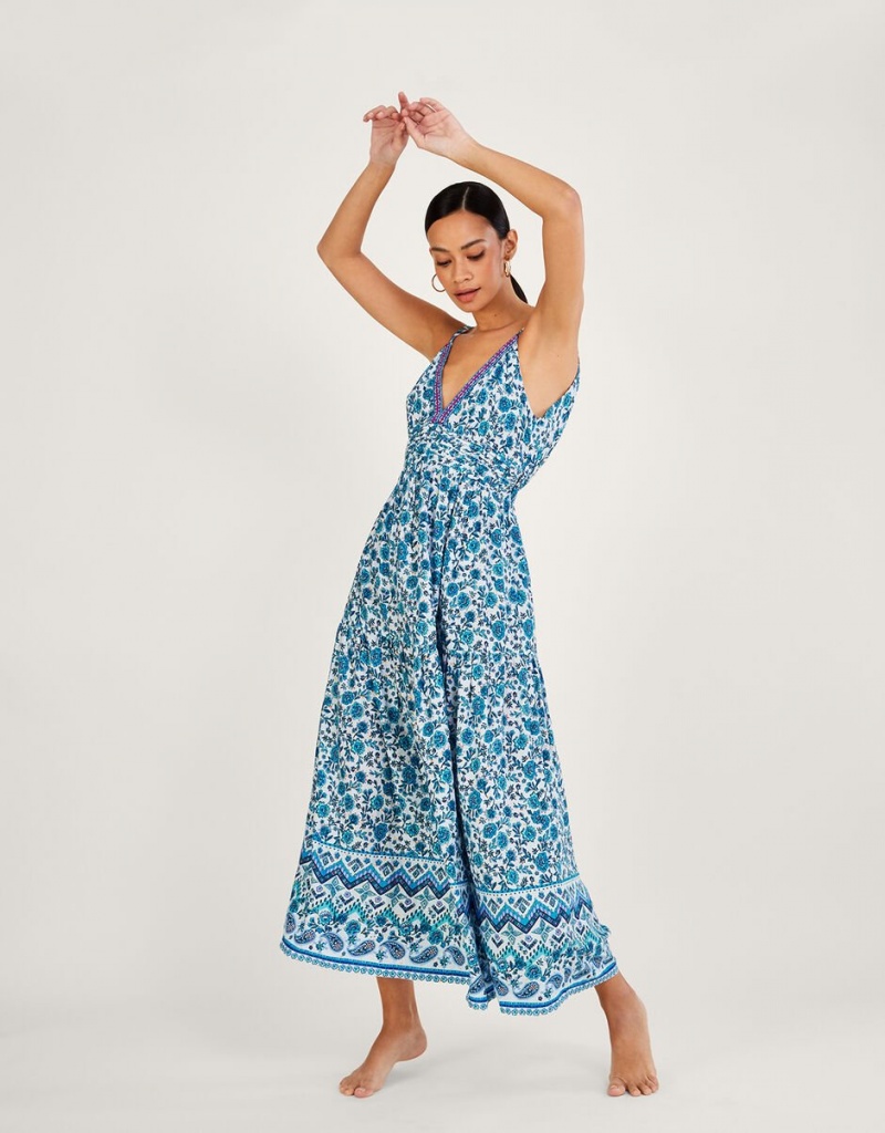 Blue Women\'s Monsoon Floral Print Strappy Maxi with LENZING™ ECOVERO™ Dress | CVS-2936