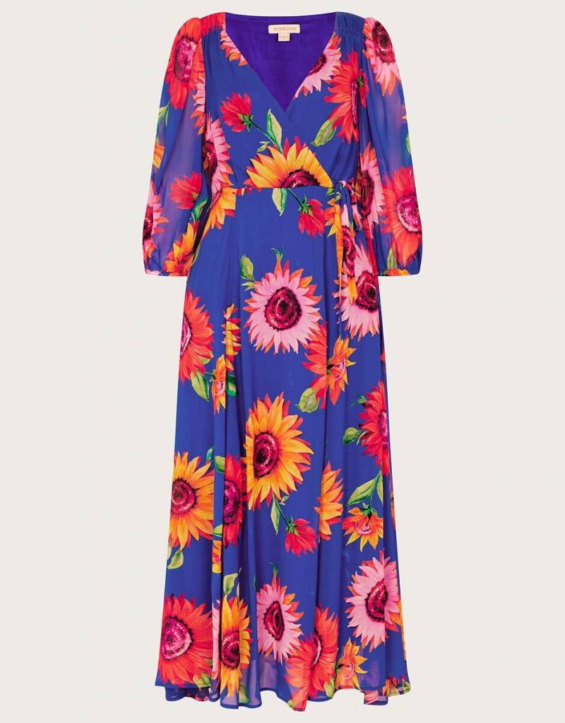 Blue Women's Monsoon Francesca Floral Print Wrap in Sustainable Viscose Dress | JFL-4239