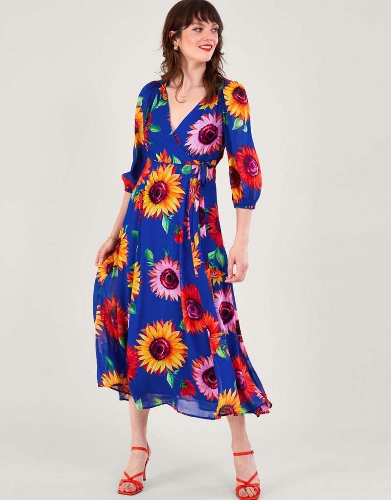 Blue Women\'s Monsoon Francesca Floral Print Wrap in Sustainable Viscose Dress | JFL-4239