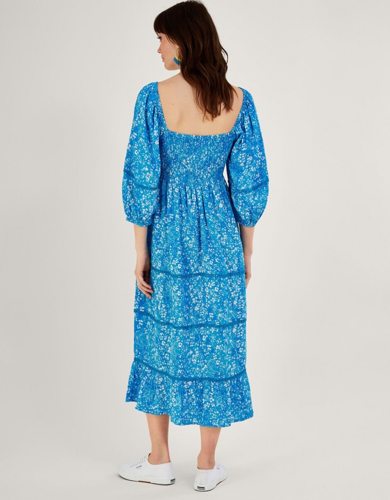 Blue Women's Monsoon Gabby Shirred in Sustainable Viscose Dress | YRT-9314