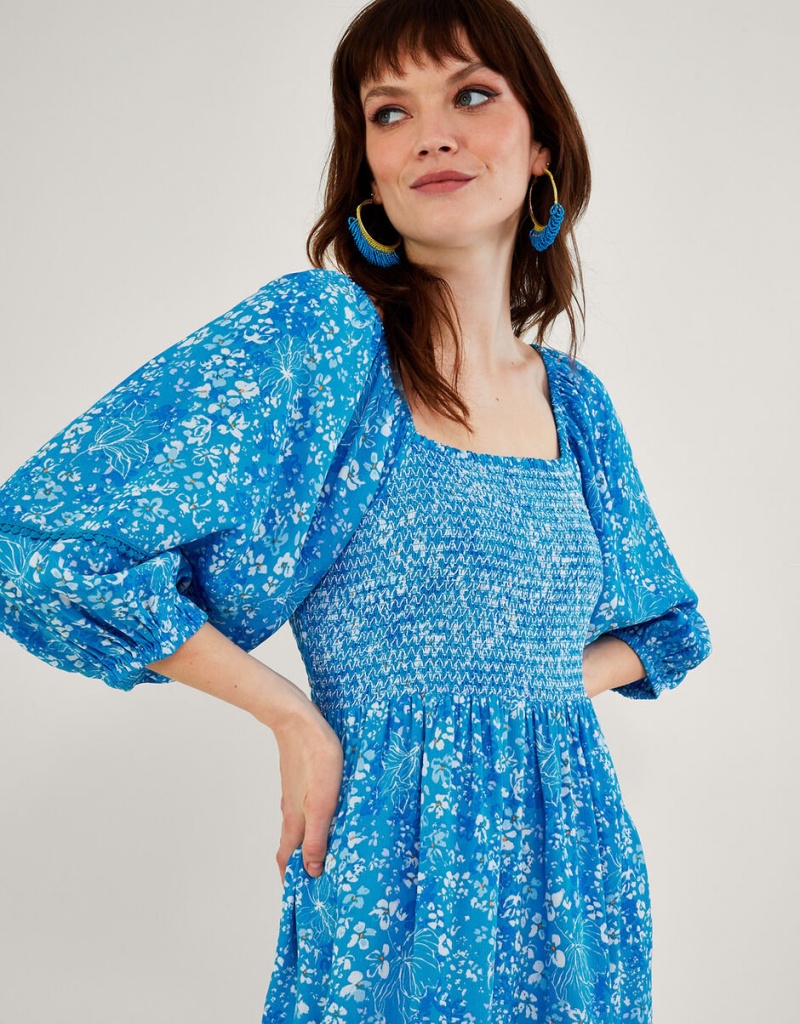 Blue Women's Monsoon Gabby Shirred in Sustainable Viscose Dress | YRT-9314