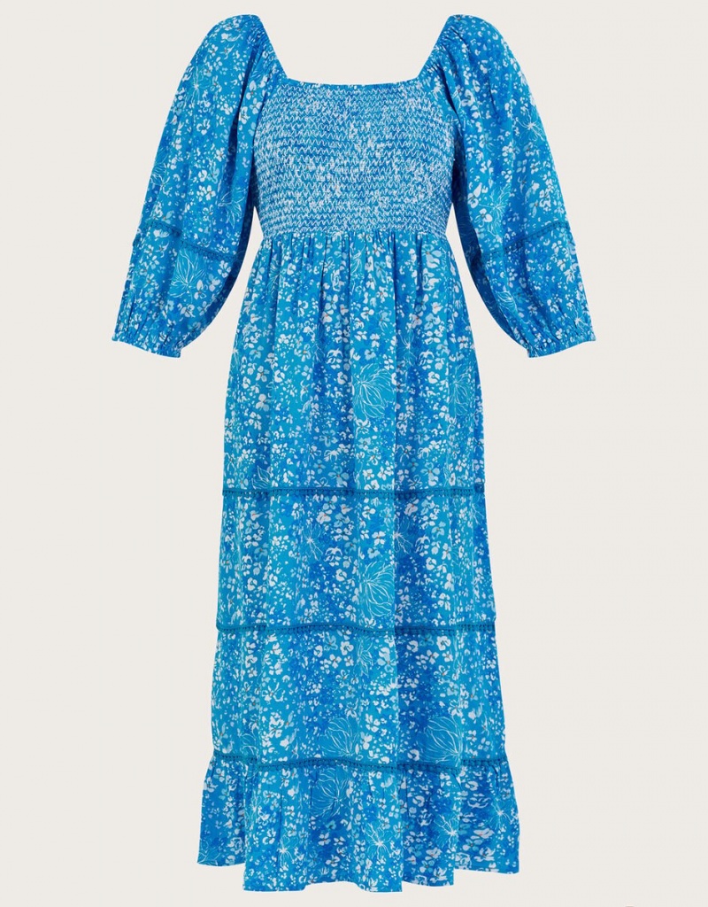 Blue Women's Monsoon Gabby Shirred in Sustainable Viscose Dress | YRT-9314