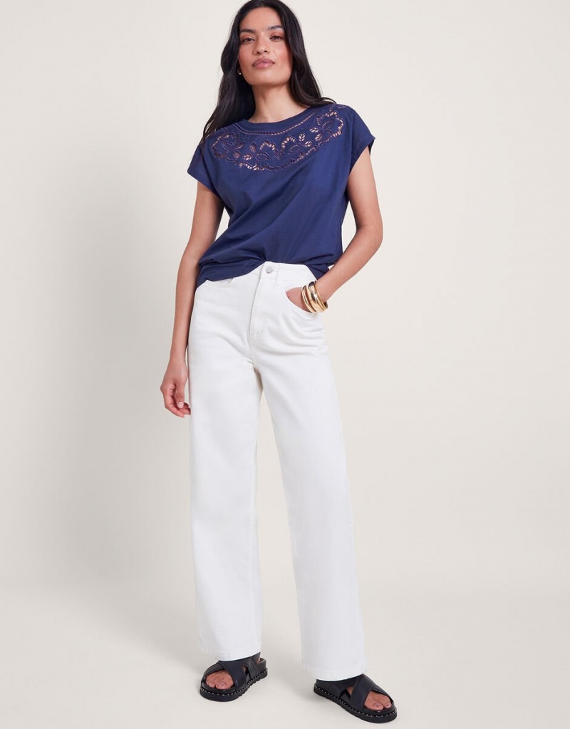 Blue Women's Monsoon Garcia Cutwork T-Shirt | BEX-3535