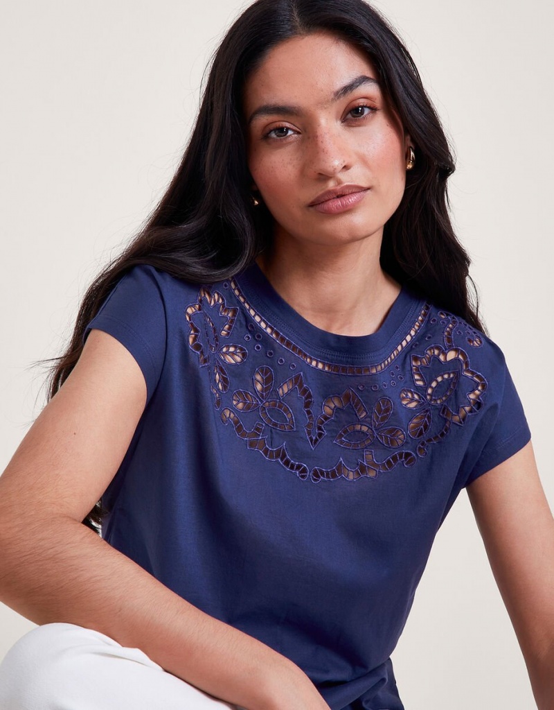 Blue Women's Monsoon Garcia Cutwork T-Shirt | BEX-3535