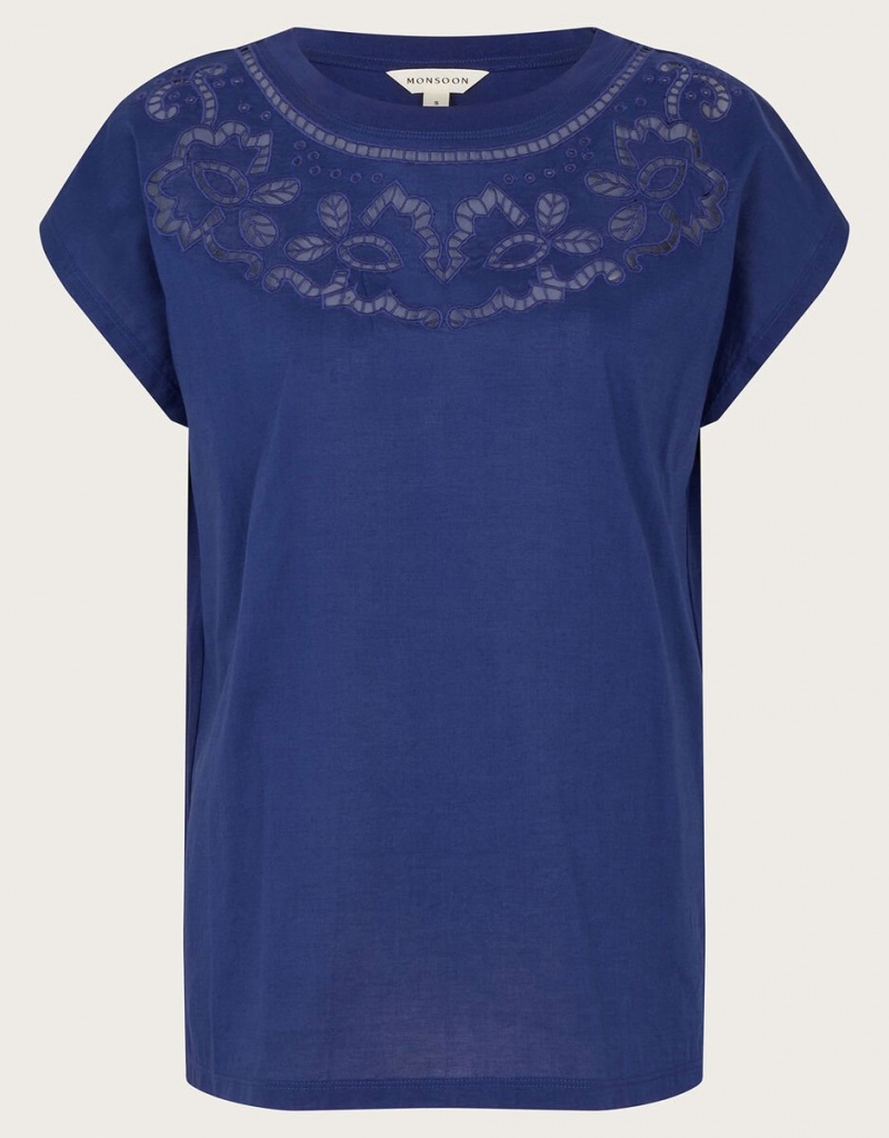 Blue Women's Monsoon Garcia Cutwork T-Shirt | BEX-3535