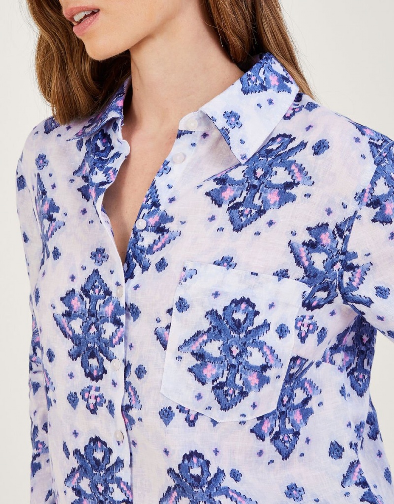 Blue Women's Monsoon Laurie Ikat Button Through Linen Shirts | SVM-8418