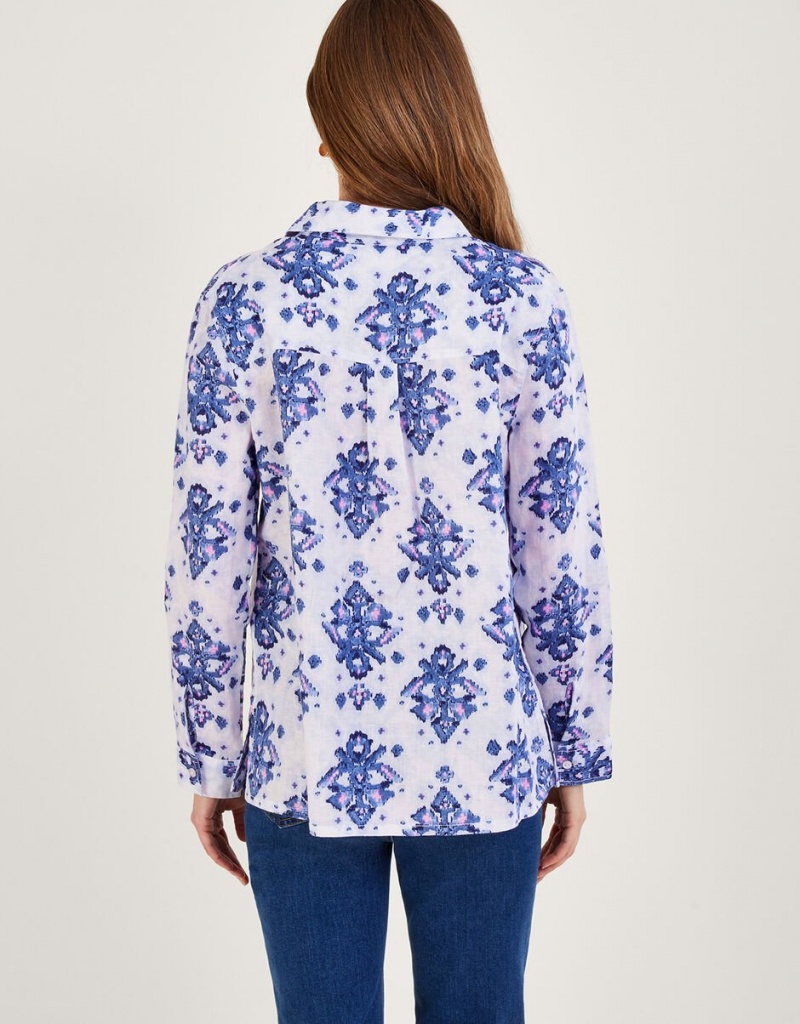 Blue Women's Monsoon Laurie Ikat Button Through Linen Shirts | SVM-8418