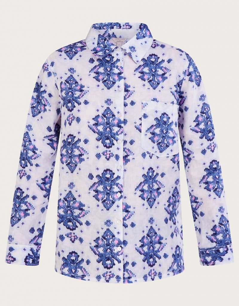 Blue Women's Monsoon Laurie Ikat Button Through Linen Shirts | SVM-8418