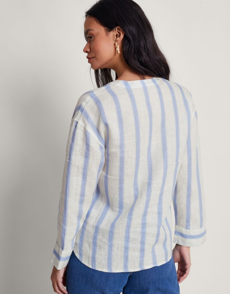 Blue Women's Monsoon Lea Stripe Linen Tops | GFR-0120