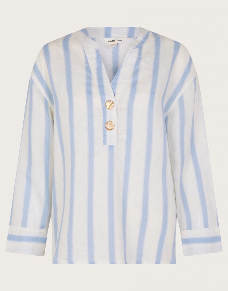 Blue Women's Monsoon Lea Stripe Linen Tops | GFR-0120