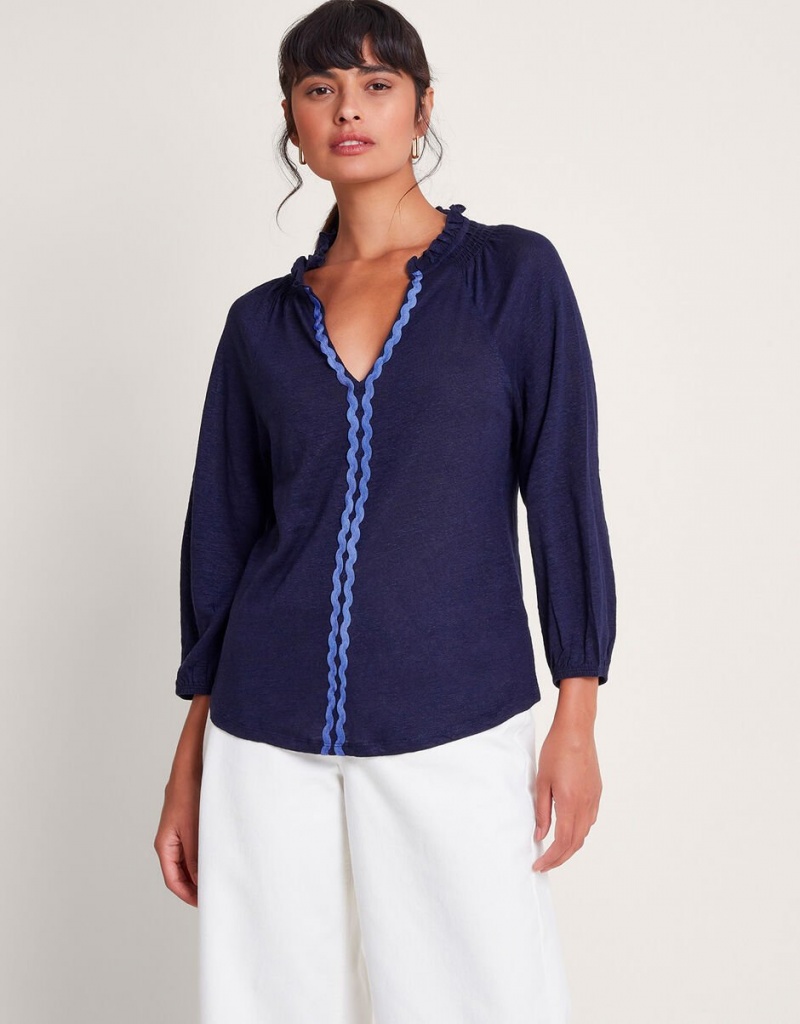 Blue Women's Monsoon Lola Embroidered Linen Tops | IJY-1471