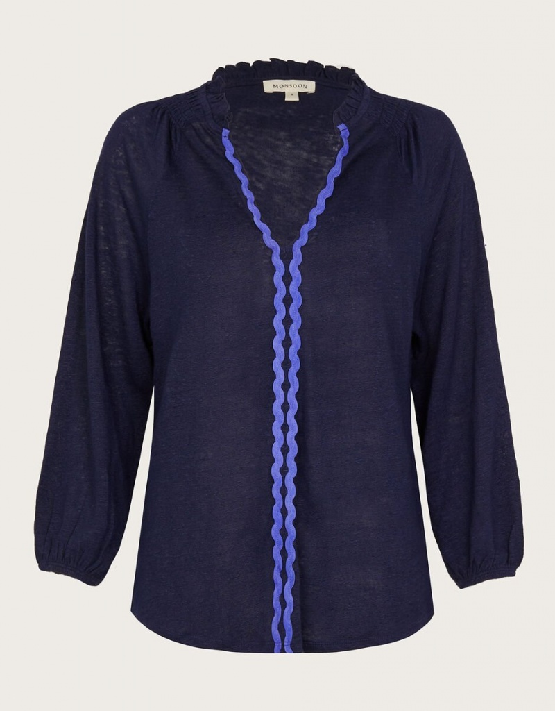 Blue Women's Monsoon Lola Embroidered Linen Tops | IJY-1471