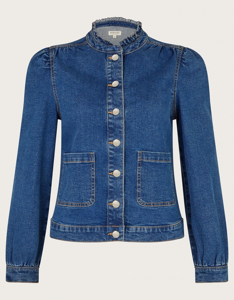 Blue Women's Monsoon Louisa Frill Denim Jacket | KKG-2491