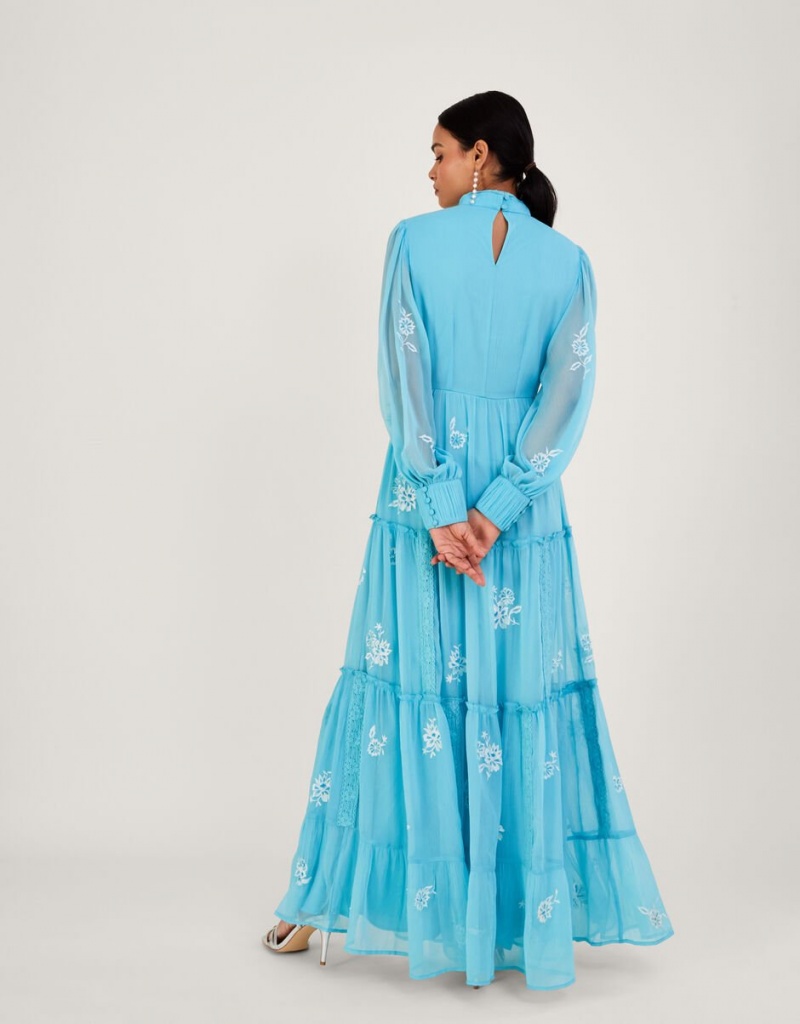 Blue Women's Monsoon Maddie Embroidered Maxi in Recycled Polyester Dress | CMR-2221