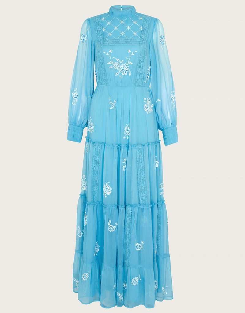 Blue Women's Monsoon Maddie Embroidered Maxi in Recycled Polyester Dress | CMR-2221