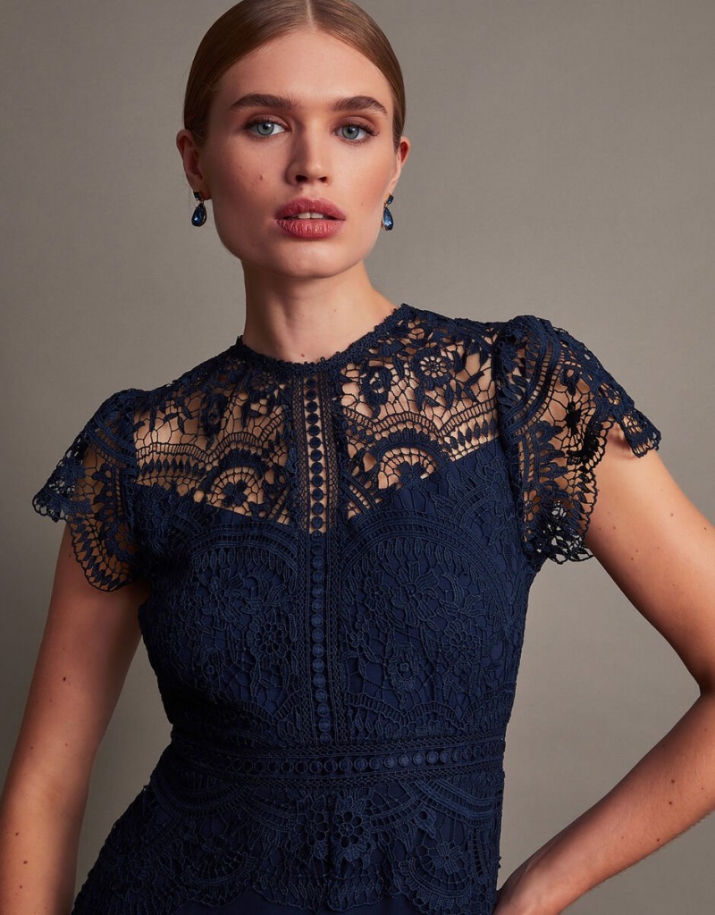 Blue Women's Monsoon Monica Lace Midi Dress | TBN-6206