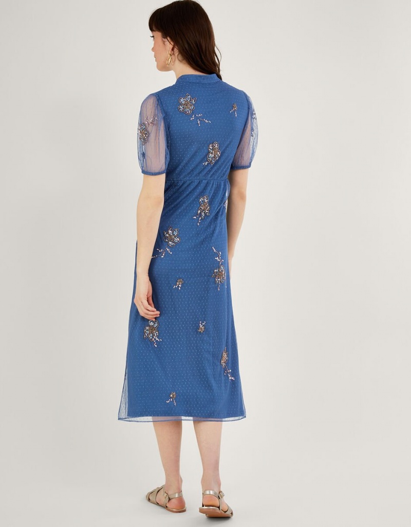 Blue Women's Monsoon Pamela Embellished Tea Dress | RHQ-4908