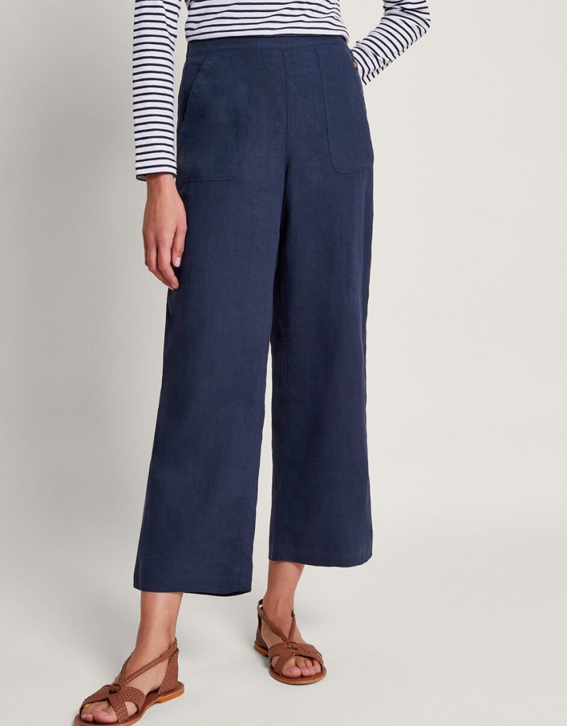 Blue Women's Monsoon Parker Linen Crop Pants | LFI-0881