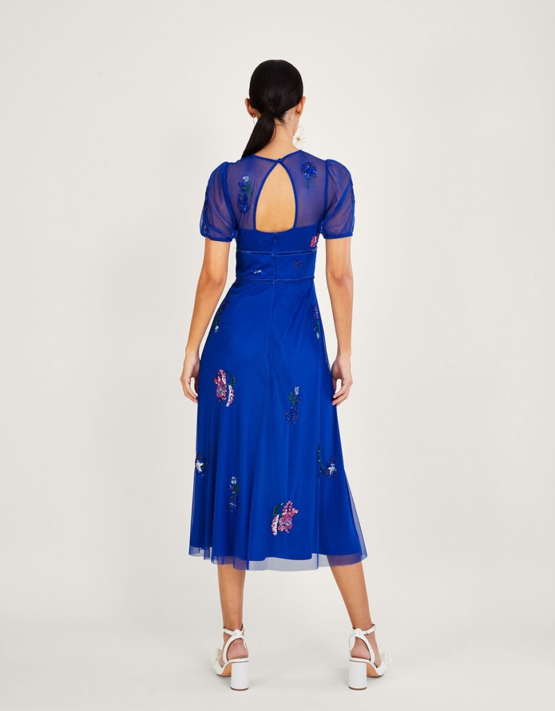 Blue Women's Monsoon Phoebe Embellished Midi in Recycled Polyester Dress | SME-3382