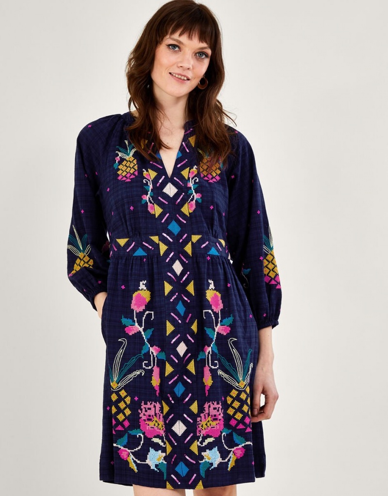 Blue Women's Monsoon Pineapple Embroidered Dress | GOW-0352