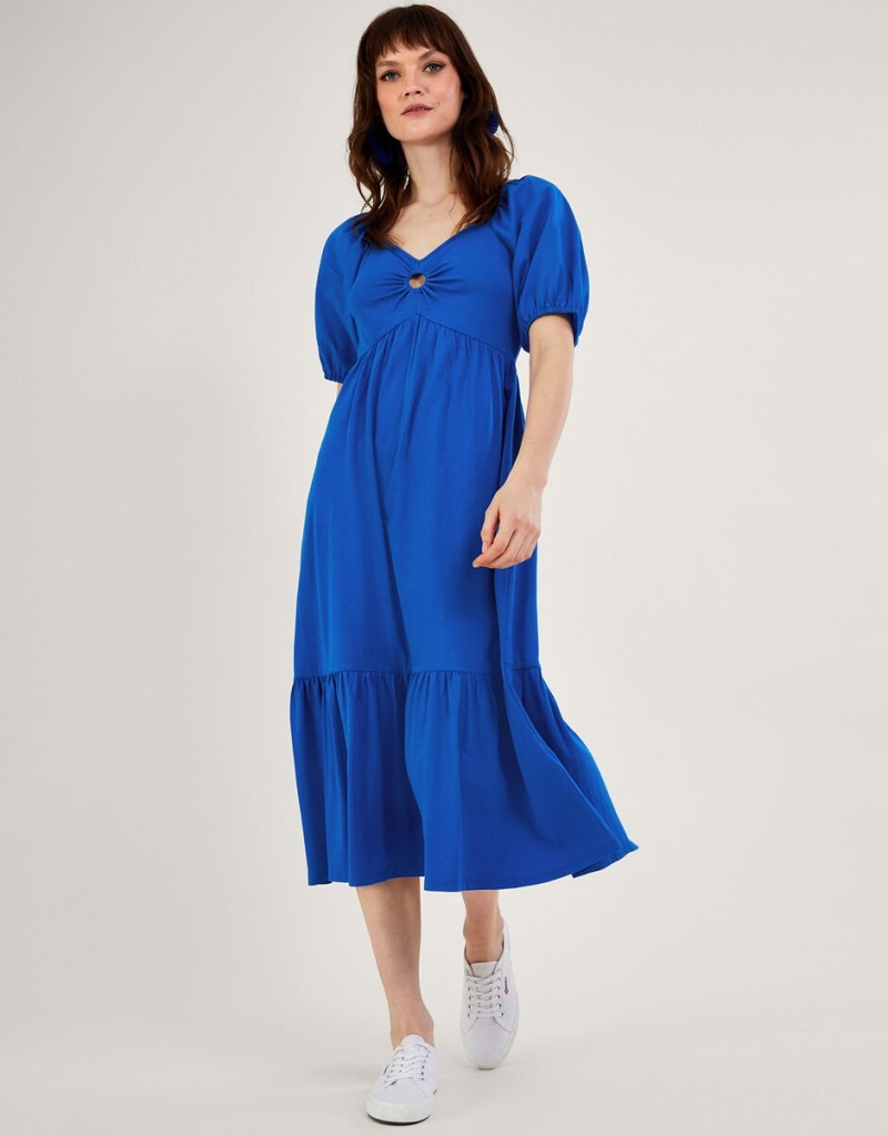 Blue Women's Monsoon Puff Sleeve O-Ring Detail Midi Dress | NQK-2472