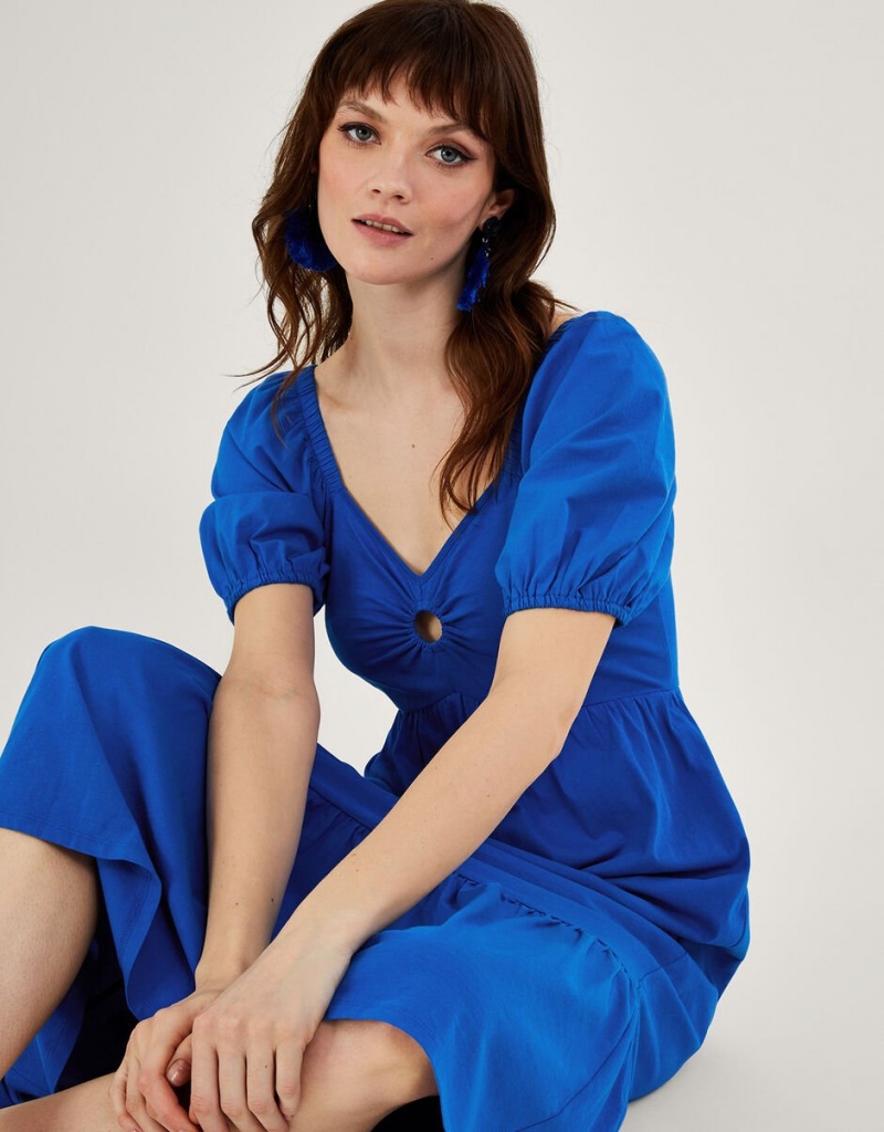 Blue Women's Monsoon Puff Sleeve O-Ring Detail Midi Dress | NQK-2472