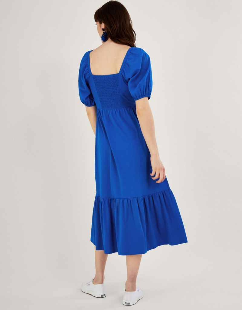 Blue Women's Monsoon Puff Sleeve O-Ring Detail Midi Dress | NQK-2472