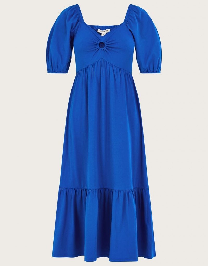 Blue Women's Monsoon Puff Sleeve O-Ring Detail Midi Dress | NQK-2472