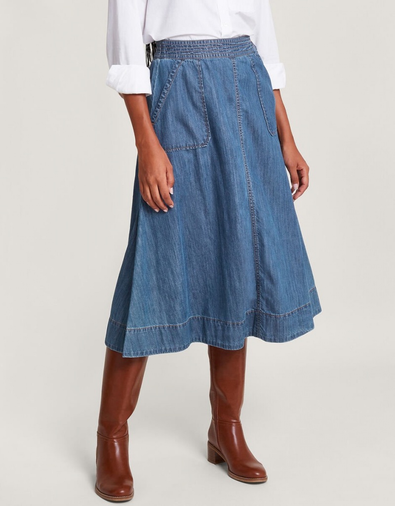 Blue Women's Monsoon Pull On Denim Midi in Sustainable Cotton Skirts | UQC-4035