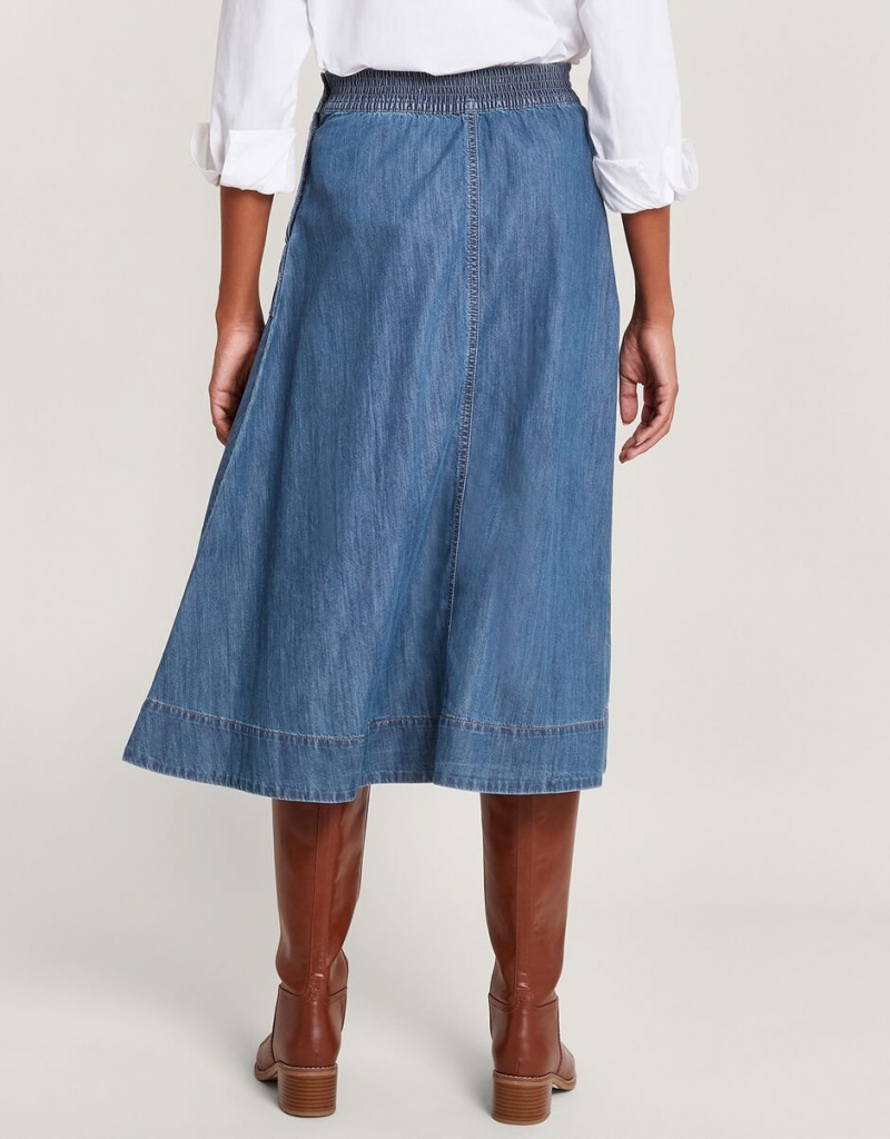 Blue Women's Monsoon Pull On Denim Midi in Sustainable Cotton Skirts | UQC-4035