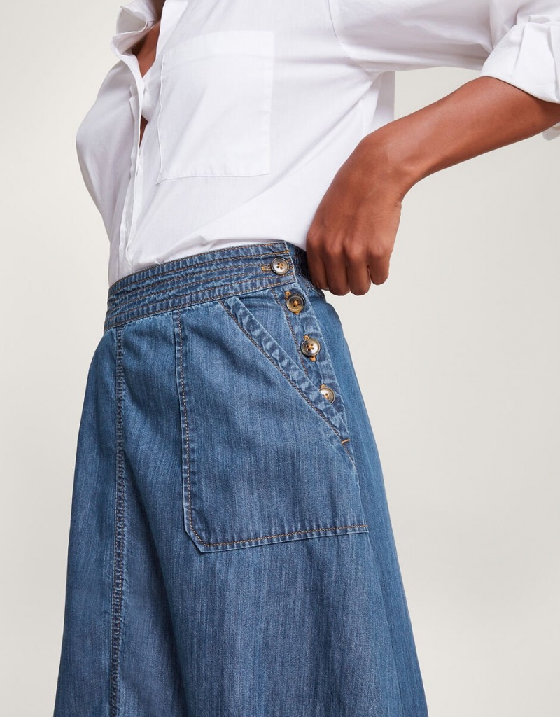 Blue Women's Monsoon Pull On Denim Midi in Sustainable Cotton Skirts | UQC-4035