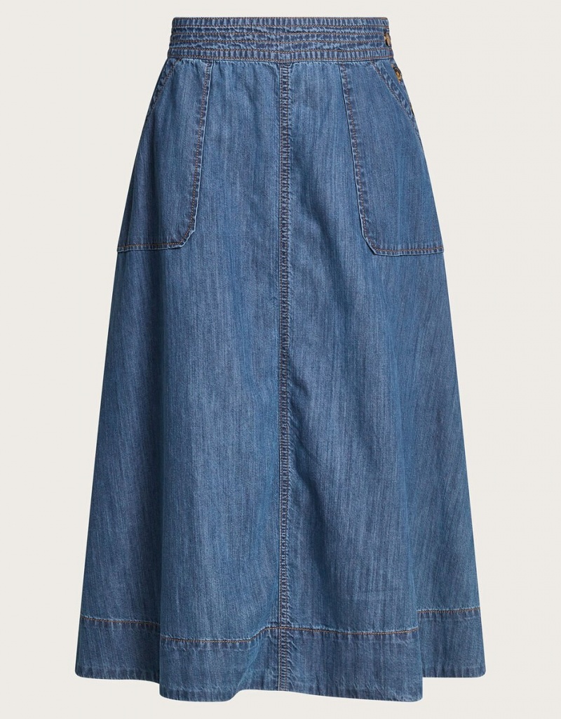 Blue Women's Monsoon Pull On Denim Midi in Sustainable Cotton Skirts | UQC-4035