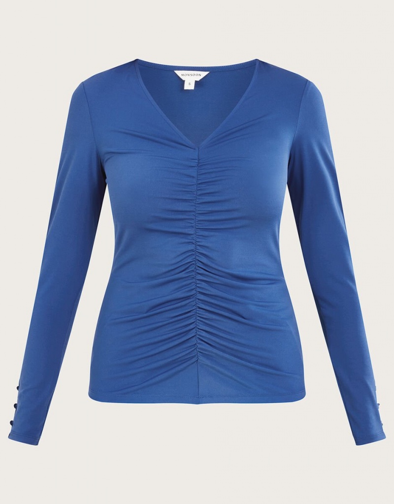 Blue Women's Monsoon Ruched Front Jersey with Recycled Polyester Tops | TKA-1638