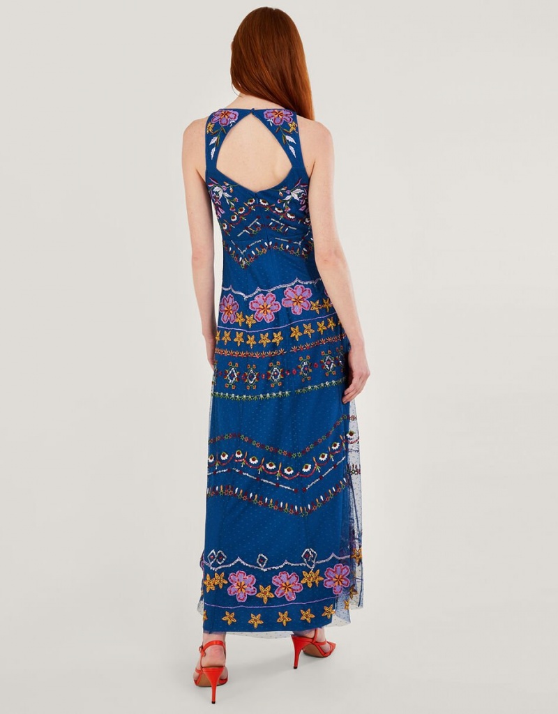 Blue Women's Monsoon Theodora Embroidered Maxi in Recycled Polyester Dress | QMW-5526