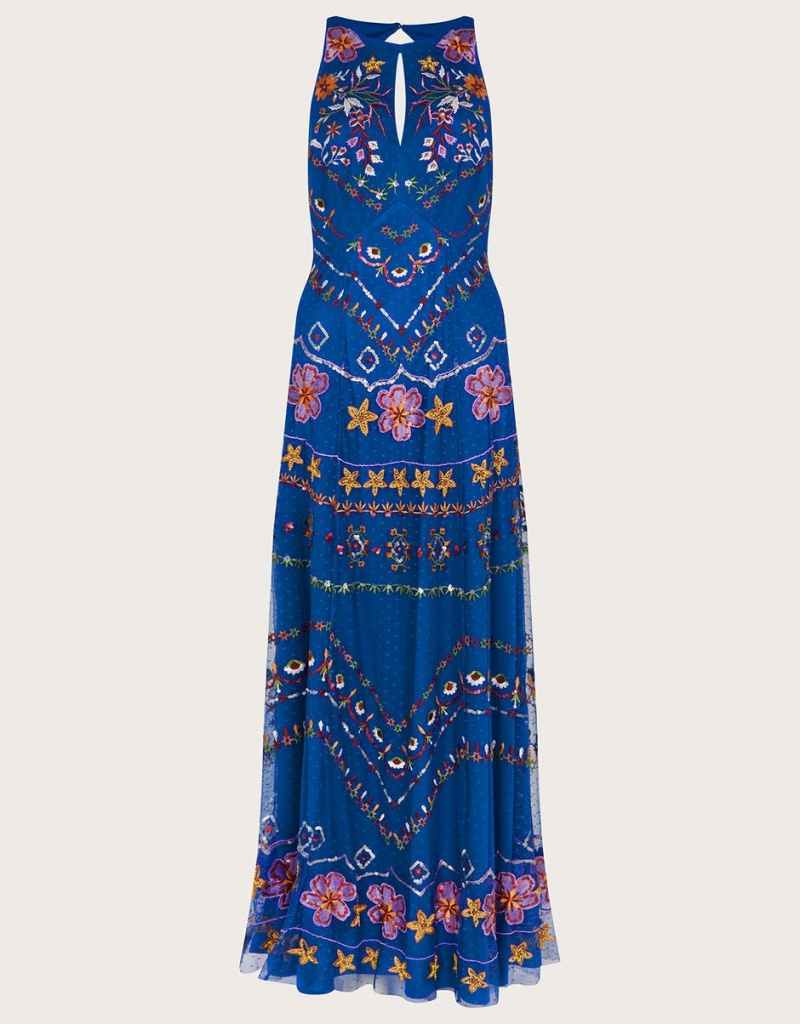 Blue Women's Monsoon Theodora Embroidered Maxi in Recycled Polyester Dress | QMW-5526