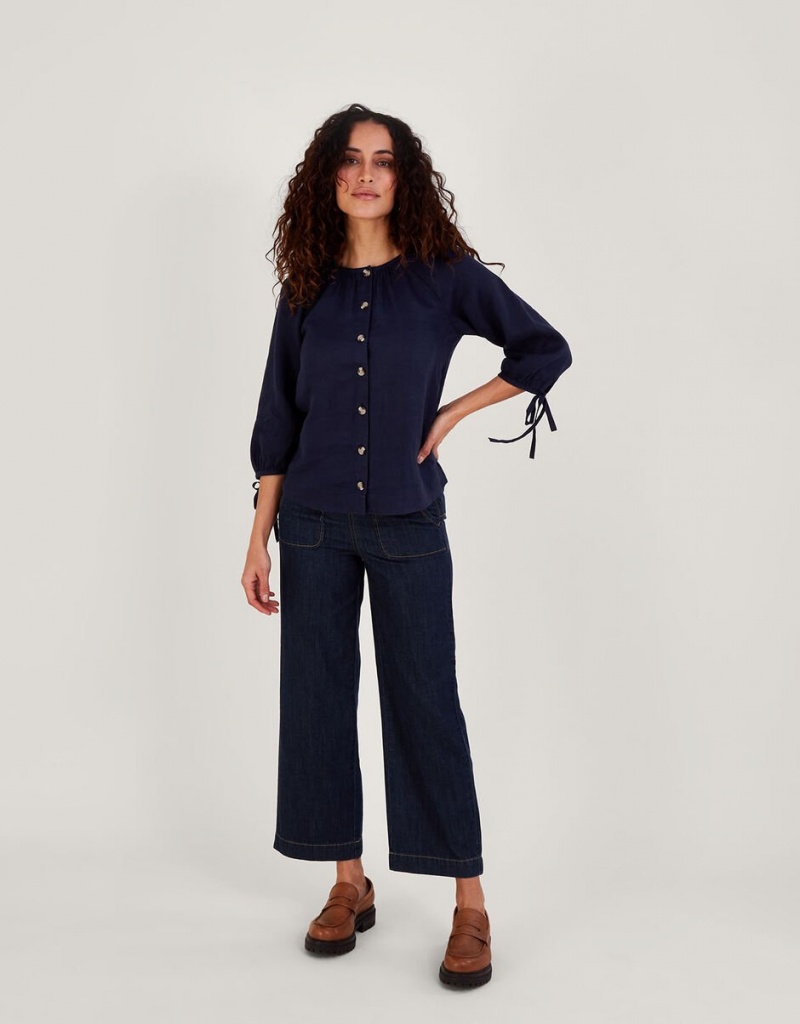 Blue Women's Monsoon Tie Cuff Button Through Linen Blouse | LZR-8329