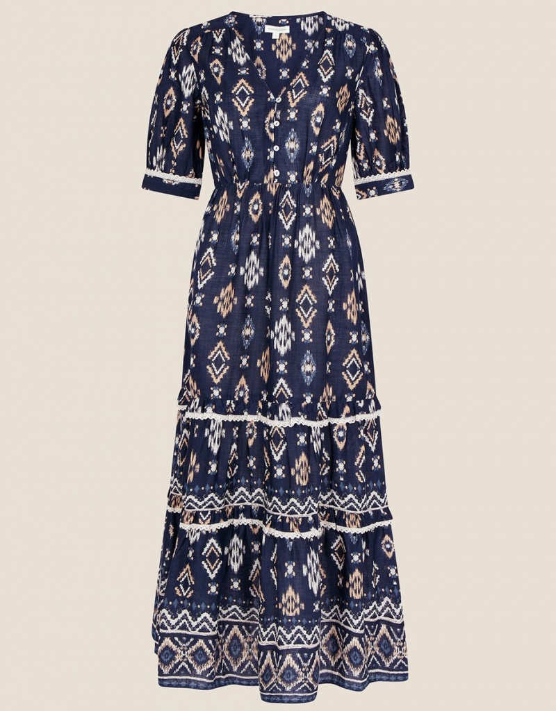 Blue Women's Monsoon V-Neck Button Ikat Print Midi in Sustainable Cotton Dress | DYY-9054