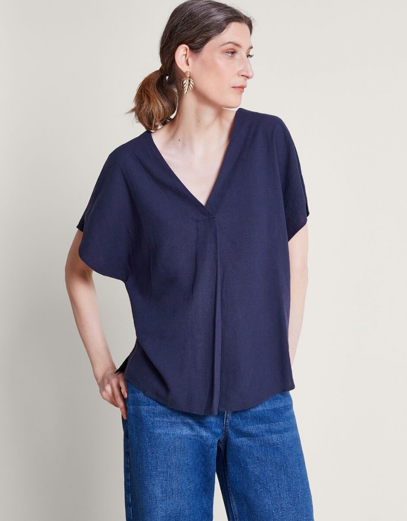 Blue Women's Monsoon Viola V-Neck Pintuck T-Shirt | LHJ-0469